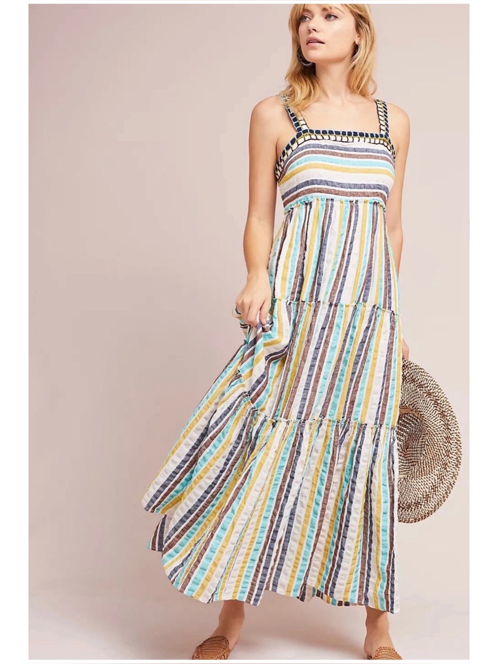 Anthropologie Postmark Women’s Sz 6 Stripe Tiered Maxi Dress Tianna Seersucker